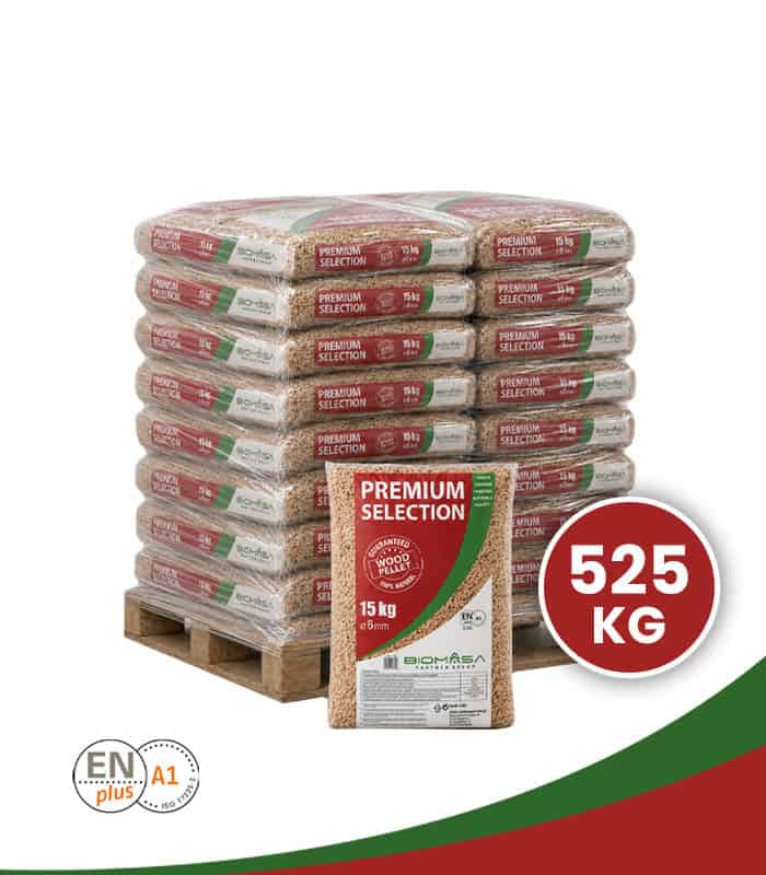 35 zakken Premium Selection houtpellets van 15 kg op pallet