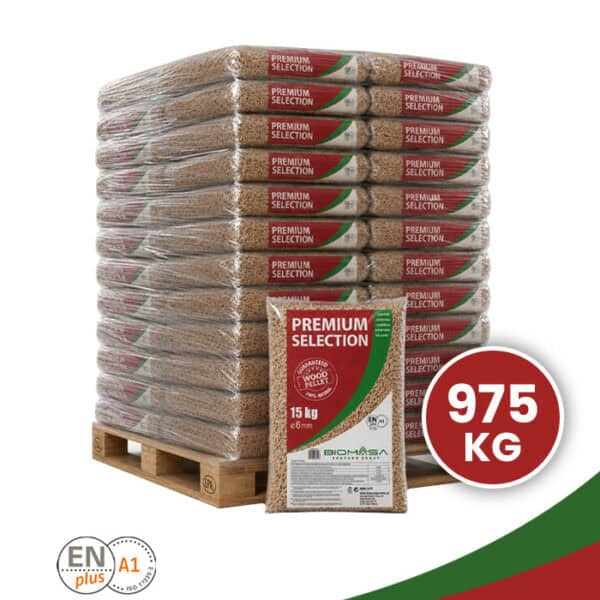 65 zakken Premium Selection houtpellets van 15 kg op pallet