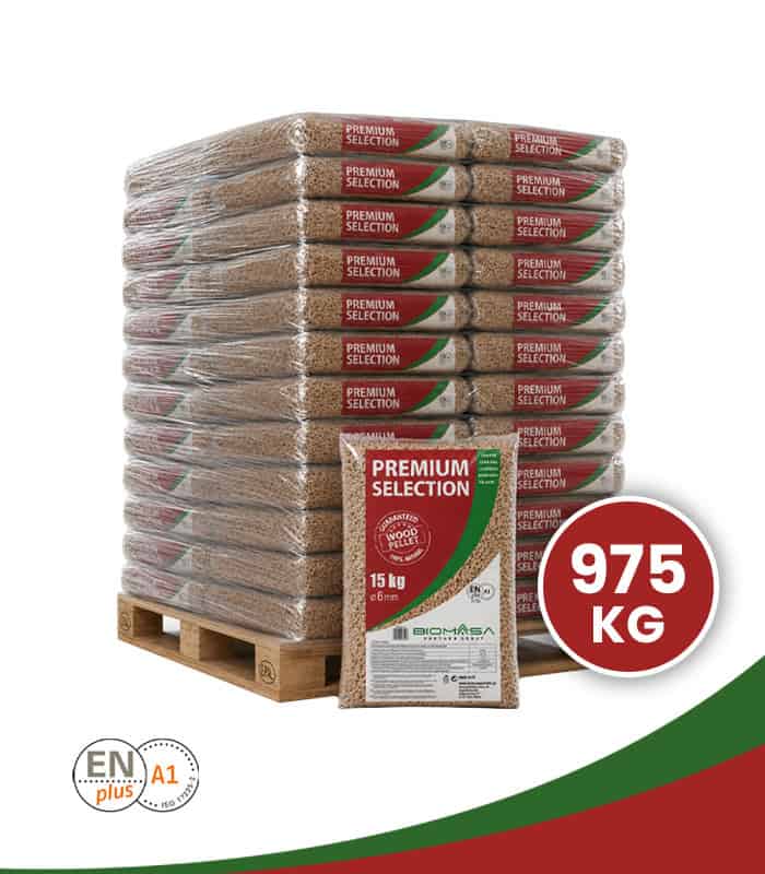 65 zakken Premium Selection houtpellets van 15 kg op pallet