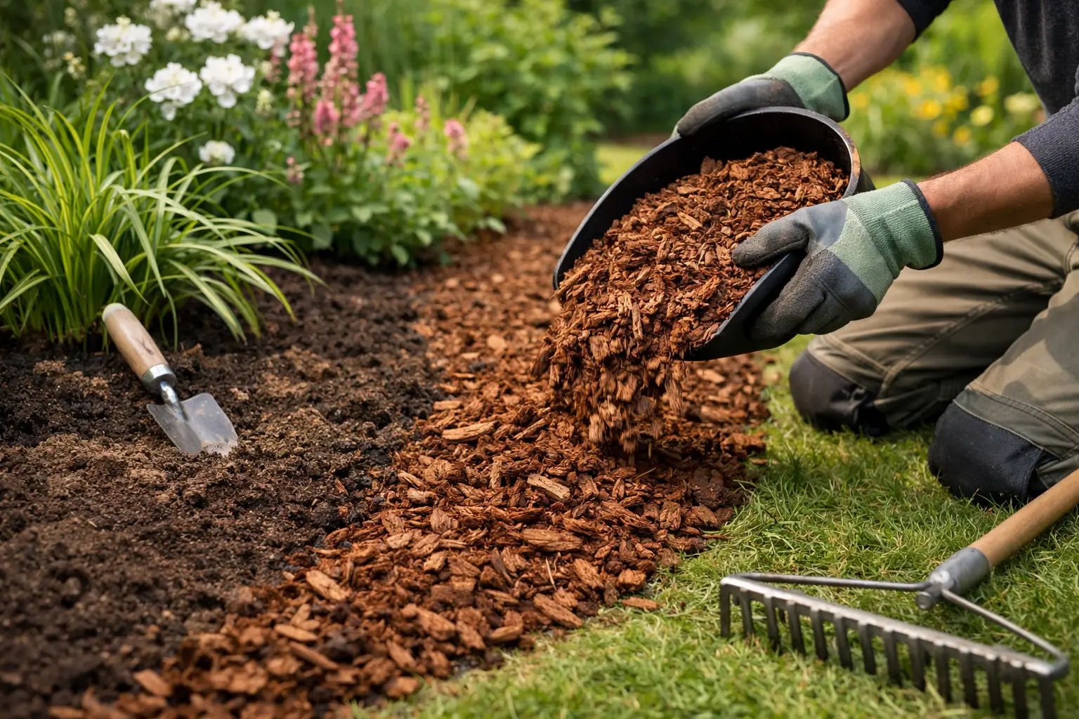 Hoe border mulchlaag aanbrengen zonder fouten