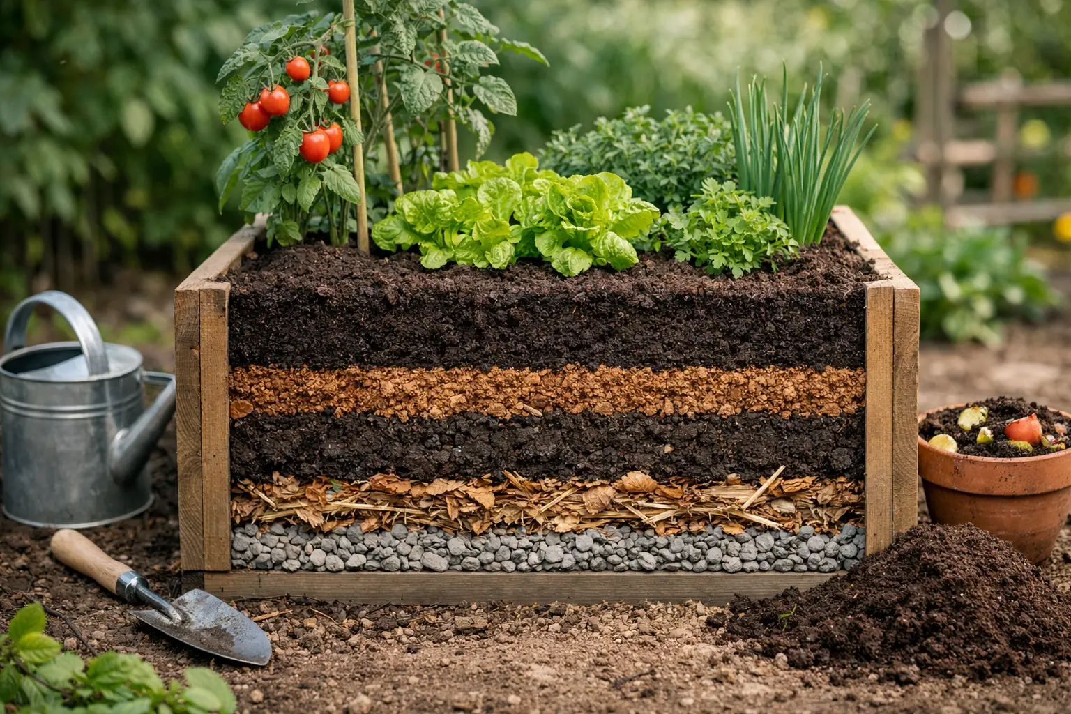Voorbeeld moestuinbak vullen lagen uitgelegd