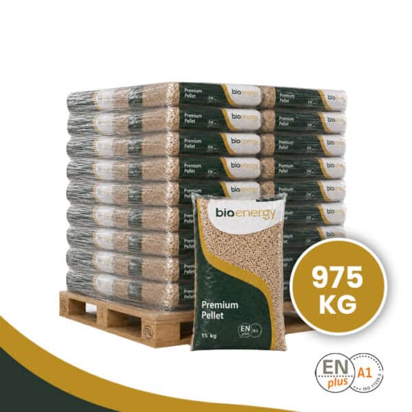 65 zakken Bio Energy houtpellets van 15 kg op pallet