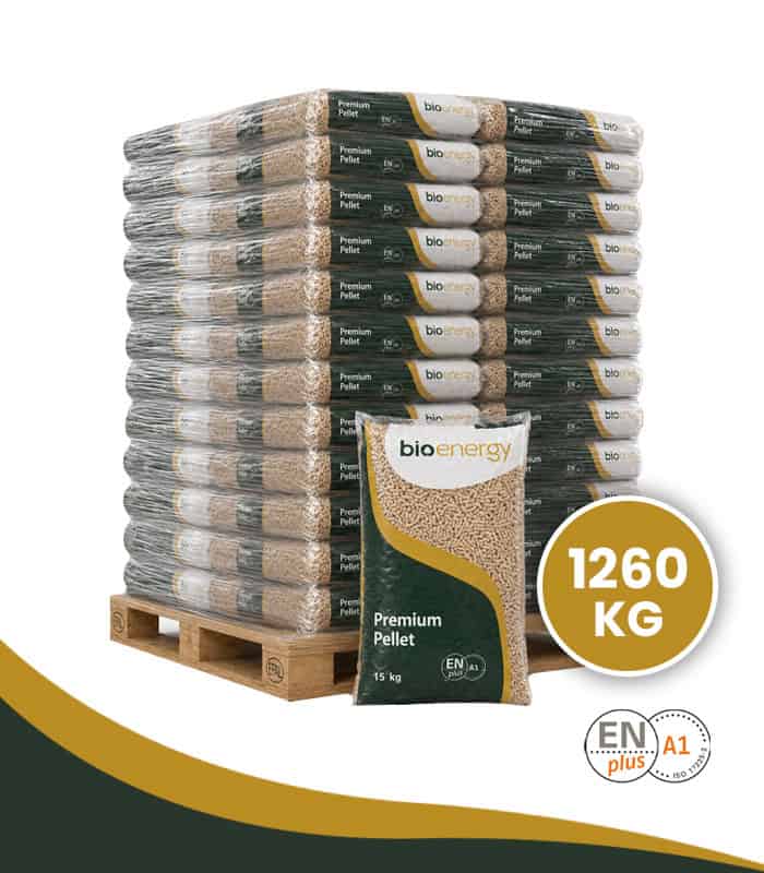 84 zakken Bio Energy houtpellets van 15 kg op pallet
