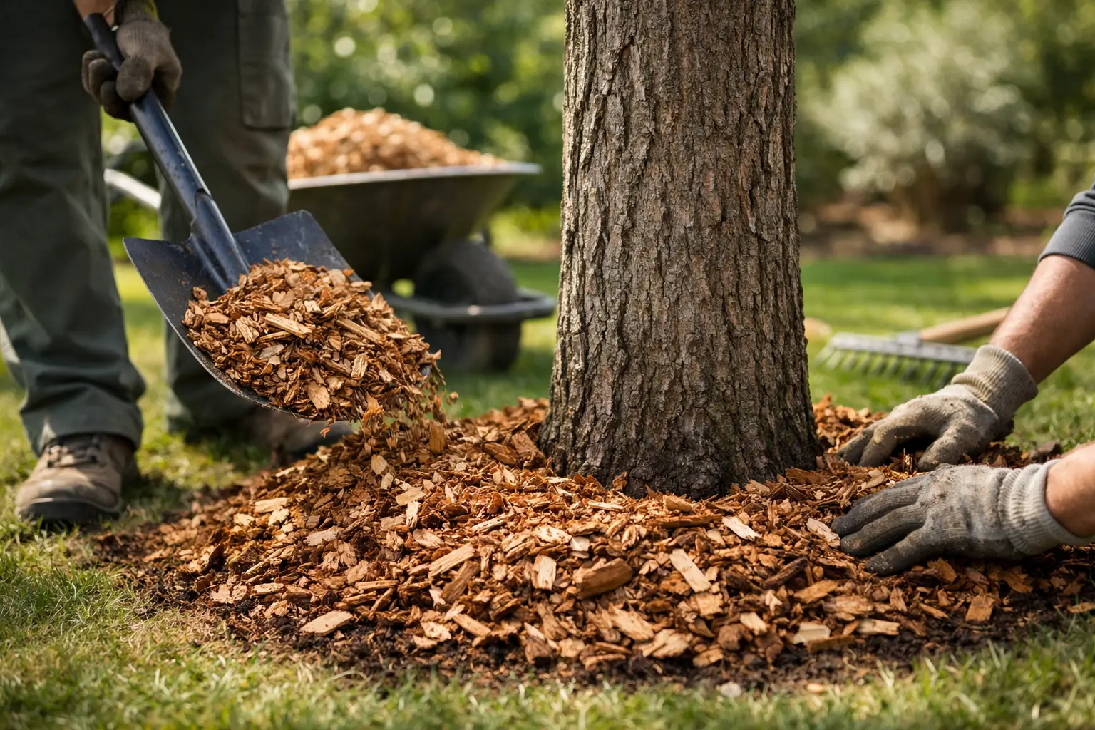 Houtsnippers aanbrengen rond bomen in 5 stappen