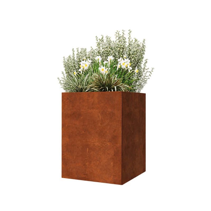 Cortenstaal plantenbak 60x60 cm gevuld met groene beplanting.