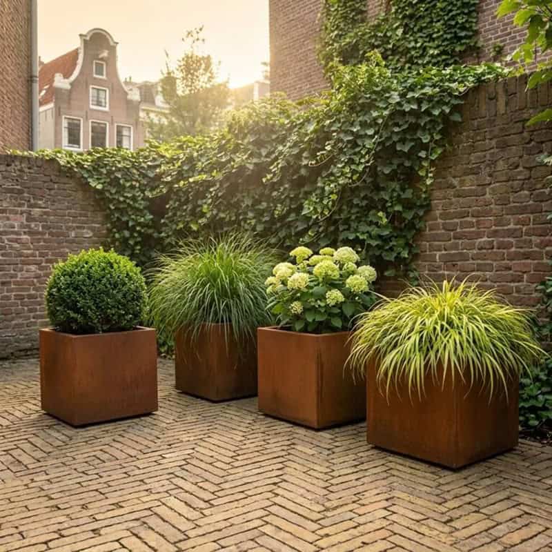 Cortenstaal plantenbak 80x80 cm toegepast als sfeervol element in de tuin.